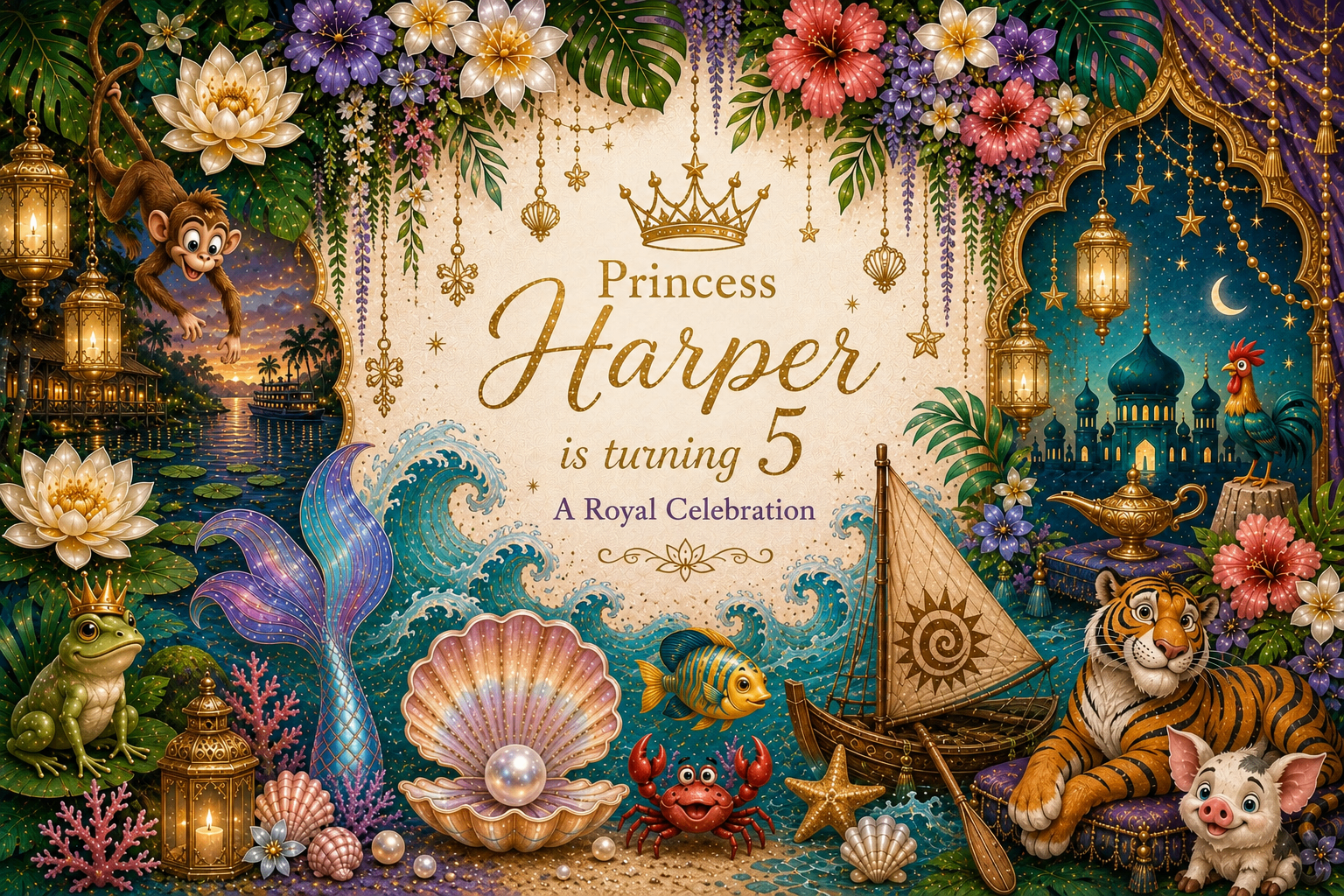 Princess Harper is turning 5 — A Royal Celebration backdrop with enchanted Disney worlds, seafoam waves, jasmine lanterns, and beloved storybook friends