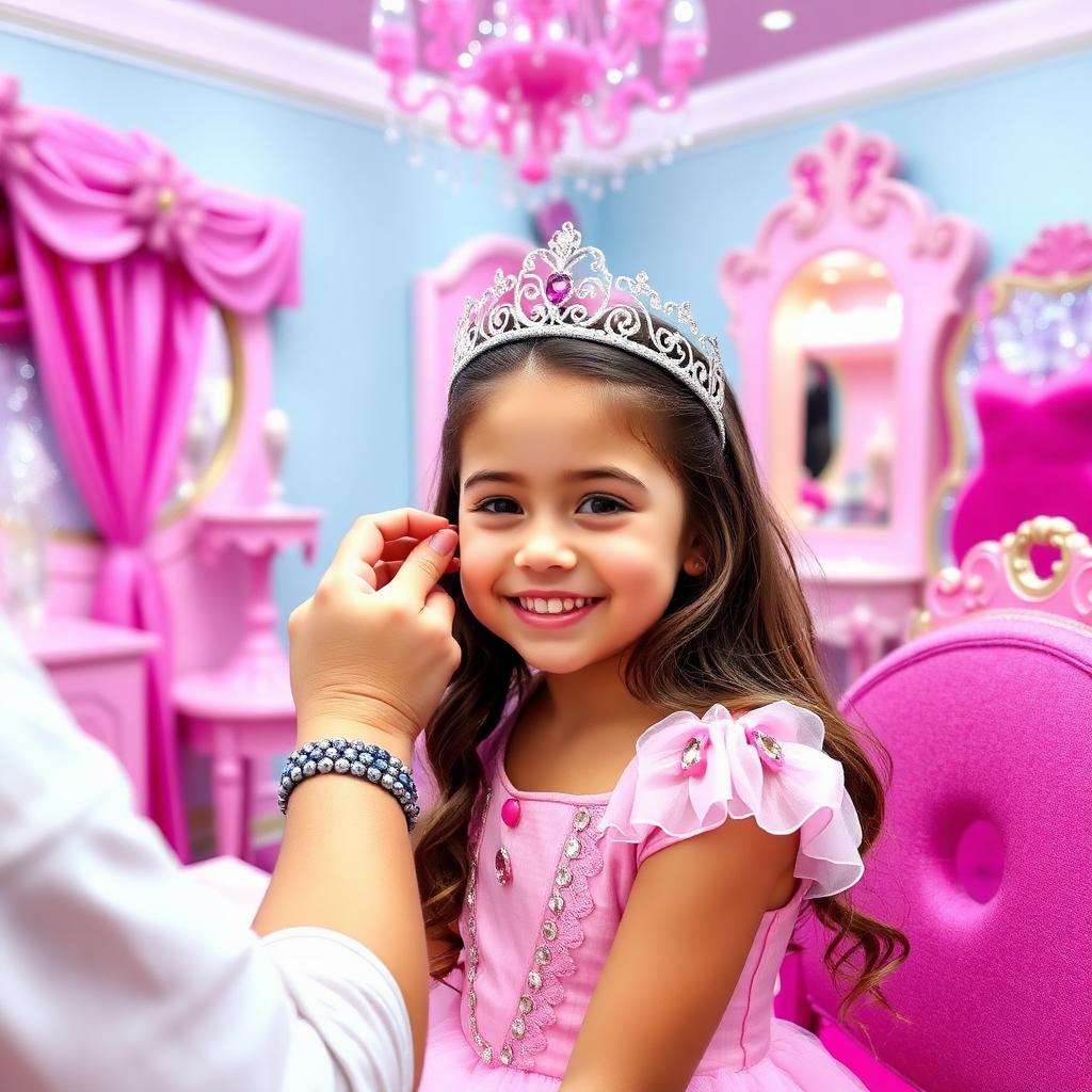 Young girl in a pink princess dress and tiara getting a makeover at Bibbidi Bobbidi Boutique