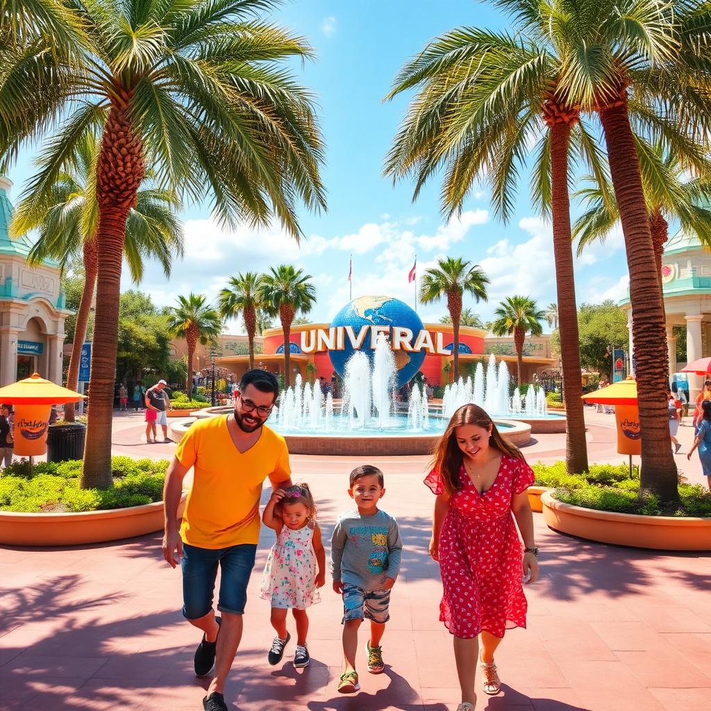Family walking through a sunny Universal Orlando plaza with palm trees and fountains