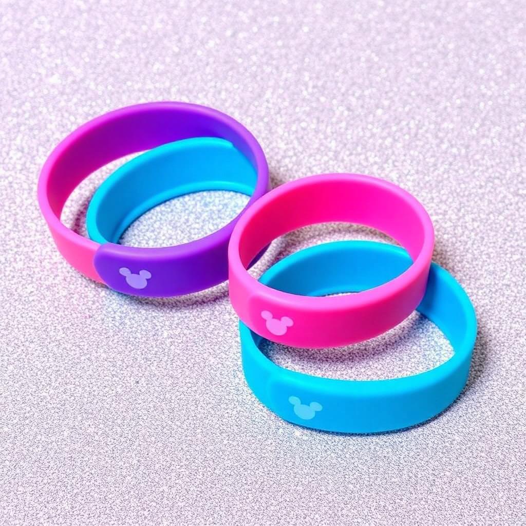 Colorful pink, purple, and blue MagicBand+ wristbands on a sparkly surface