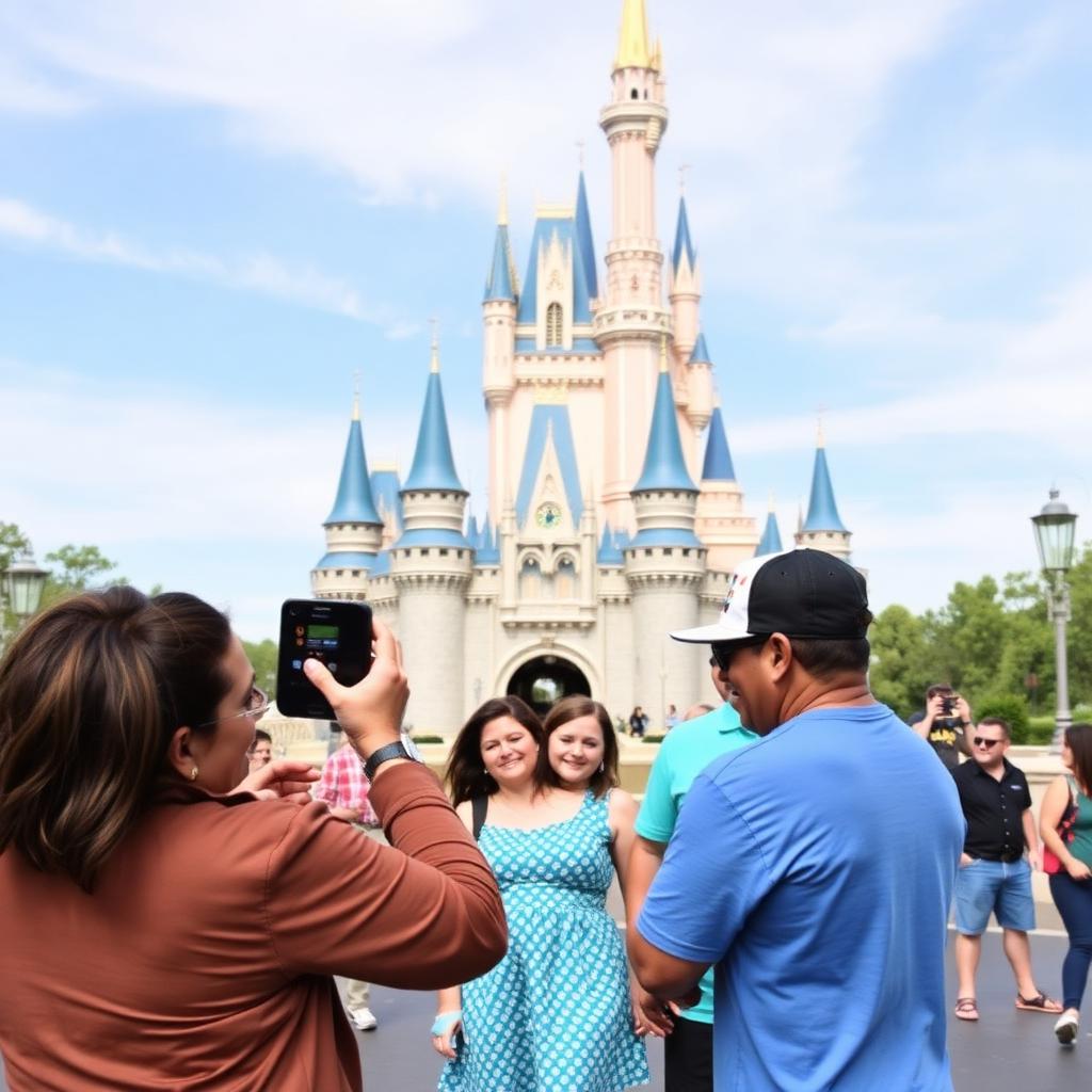 PhotoPass photographer taking a family photo in front of Cinderella Castle