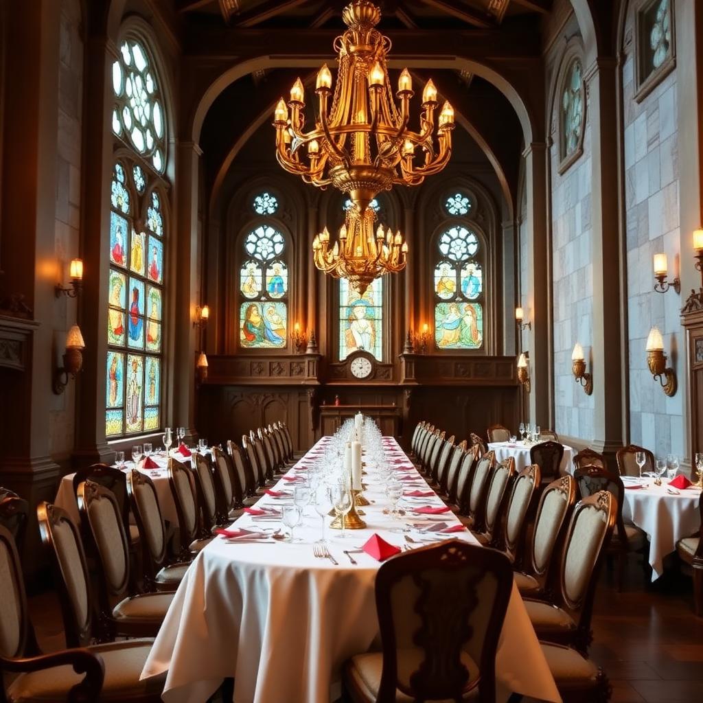 Elegant medieval banquet hall inside Cinderella Castle with stained glass and chandeliers