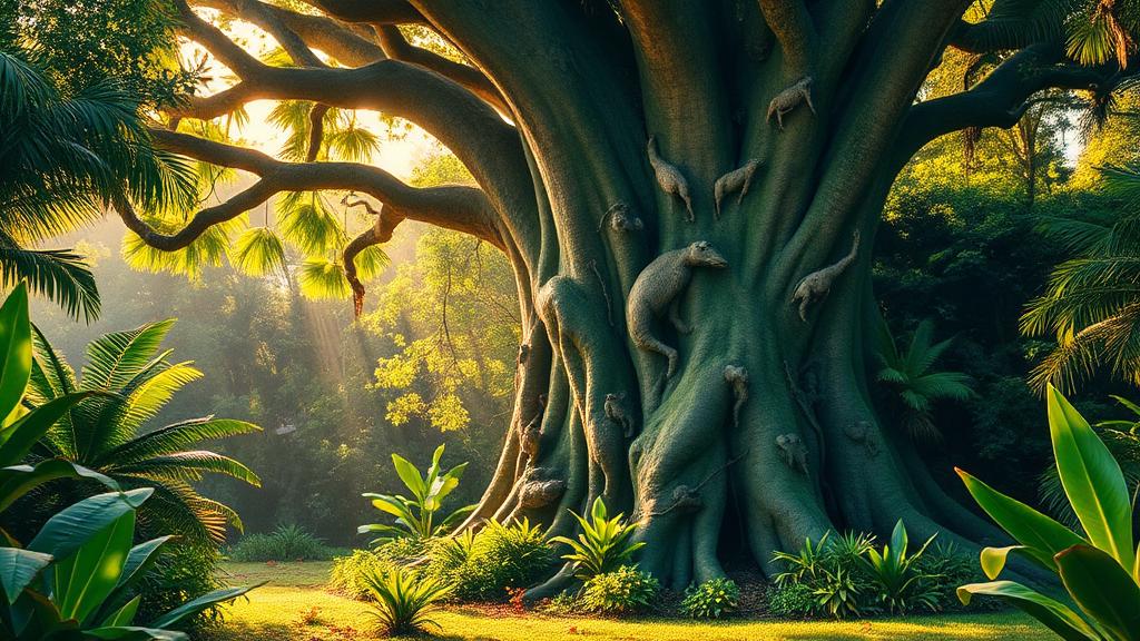 Lush tropical jungle with a grand tree of life carved with animals
