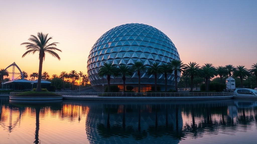 EPCOT geodesic sphere reflecting on the water at twilight