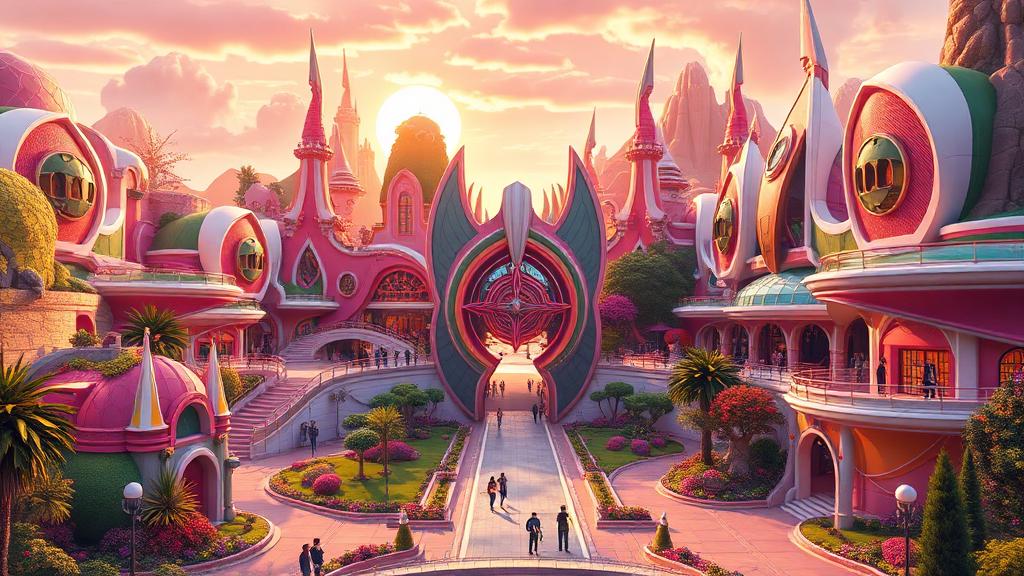 Futuristic new theme park with colorful stylized lands and a grand gateway