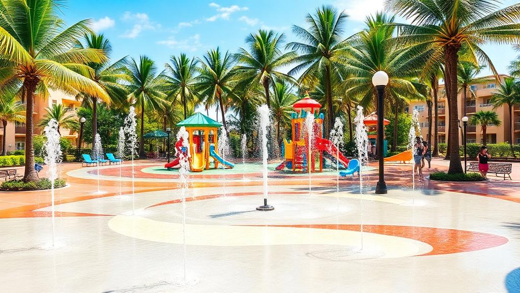 Colorful tropical kids splash pad and playground in bright sunshine