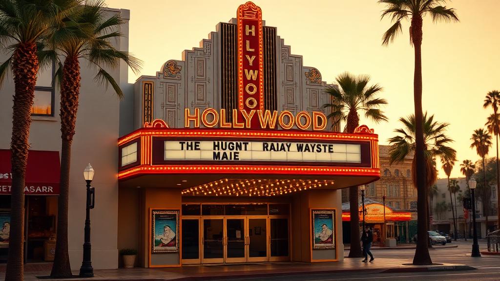 Art deco Hollywood theater entrance with vintage marquee lights