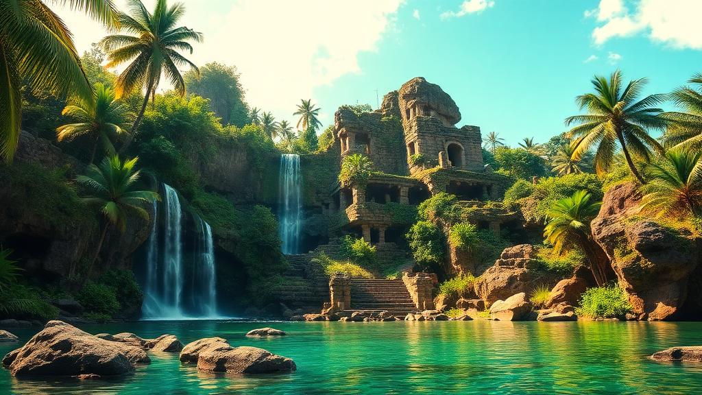 Tropical adventure island with ancient ruins, waterfalls, and lush jungle