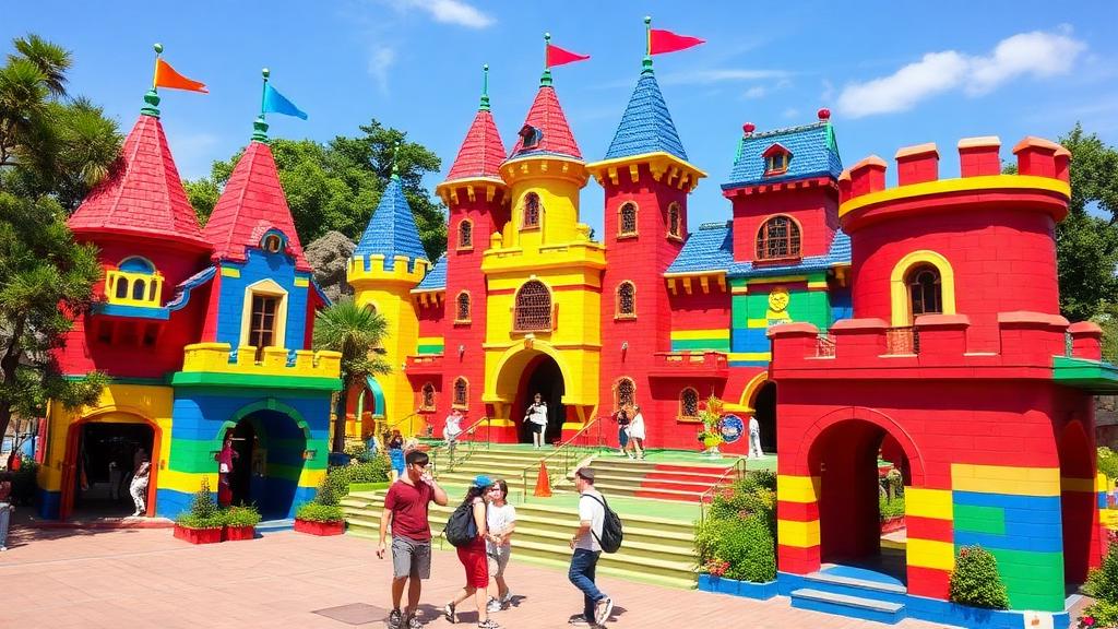 Colorful brick-built theme park castle in bright sunshine