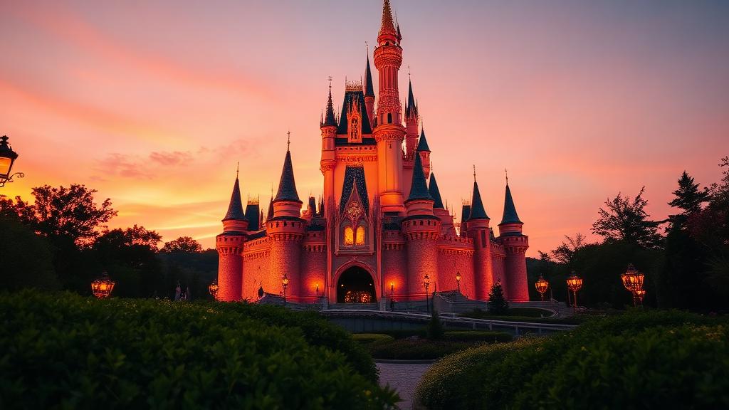 Cinderella Castle glowing at sunset with warm pink and gold light