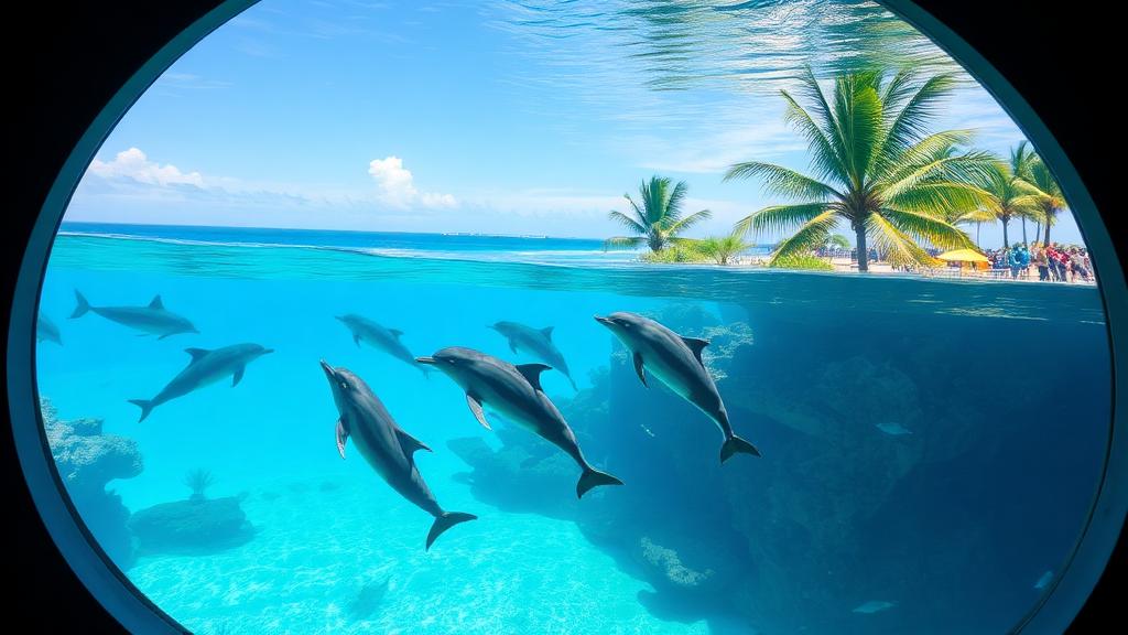 Dolphins swimming in a bright blue marine park aquarium