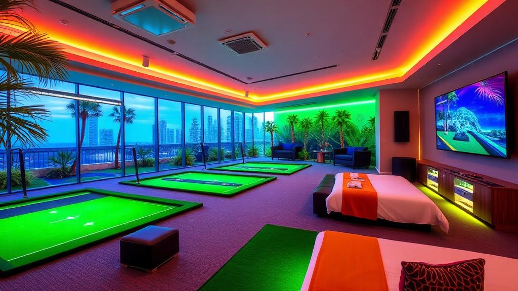 Indoor golf swing suite with modern bays and tropical resort decor
