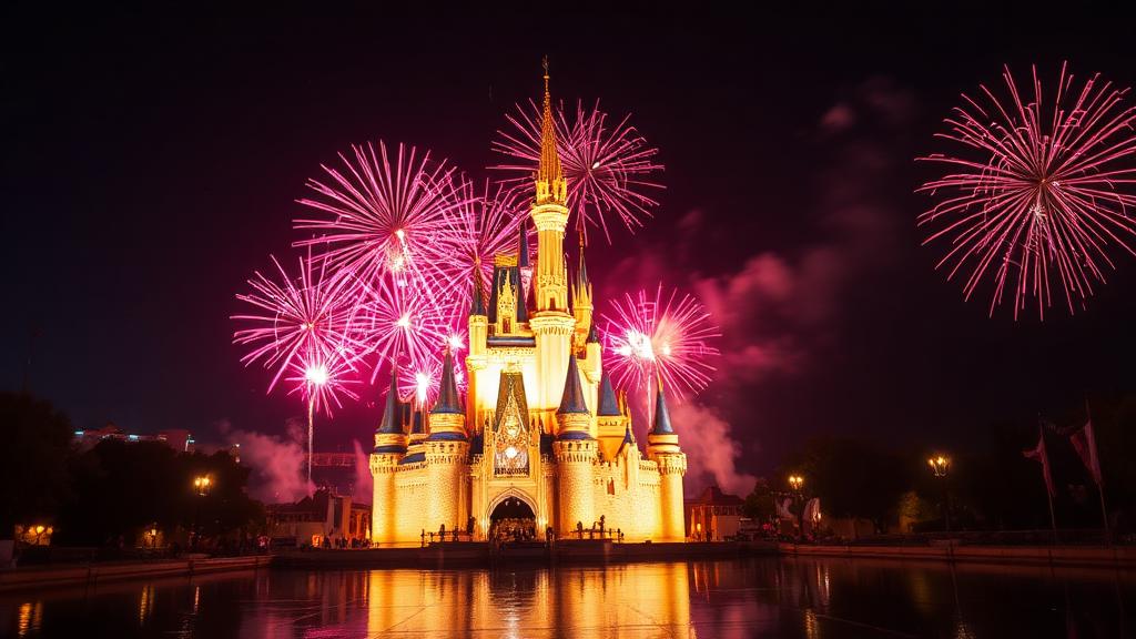 Fireworks bursting over a glowing fairy tale castle at night