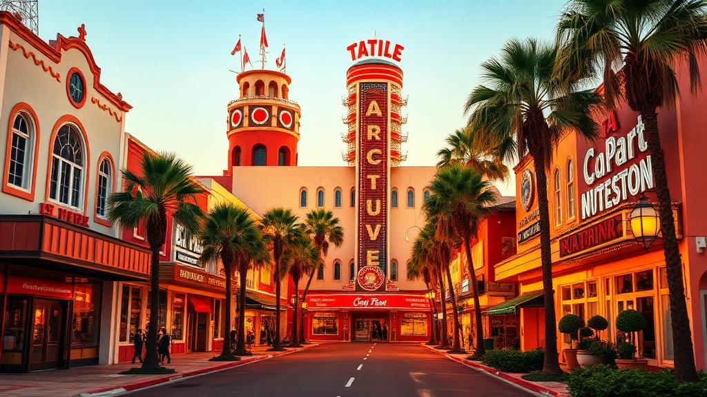 Colorful vintage movie studio theme park street at golden hour