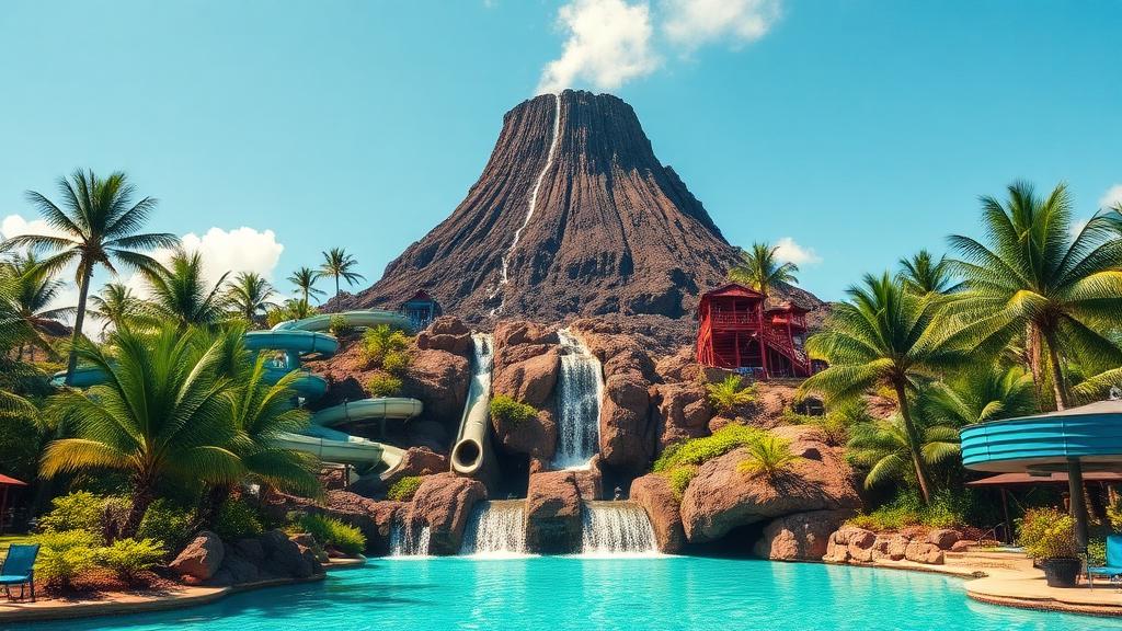 Tropical volcano water park with water slides and waterfalls