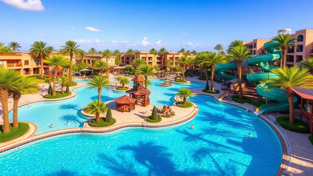 Resort waterpark with water slides, lazy river, and palm trees